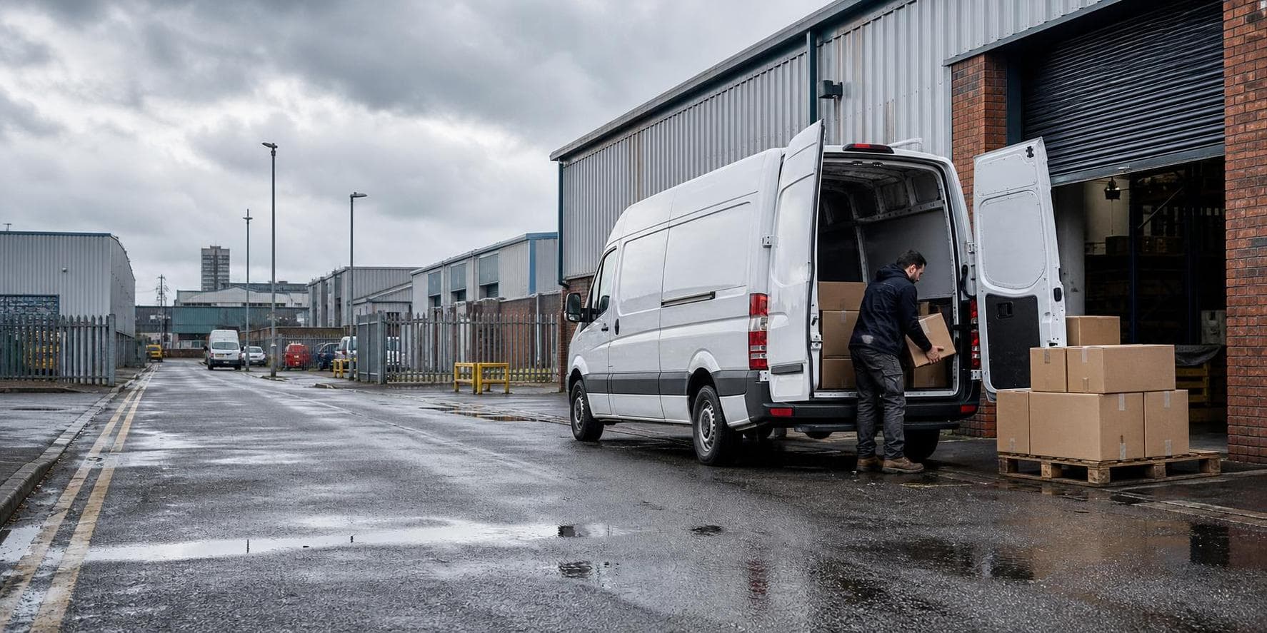 Courier loading parcels into an unbranded van outside industrial units on a wet road in Barking