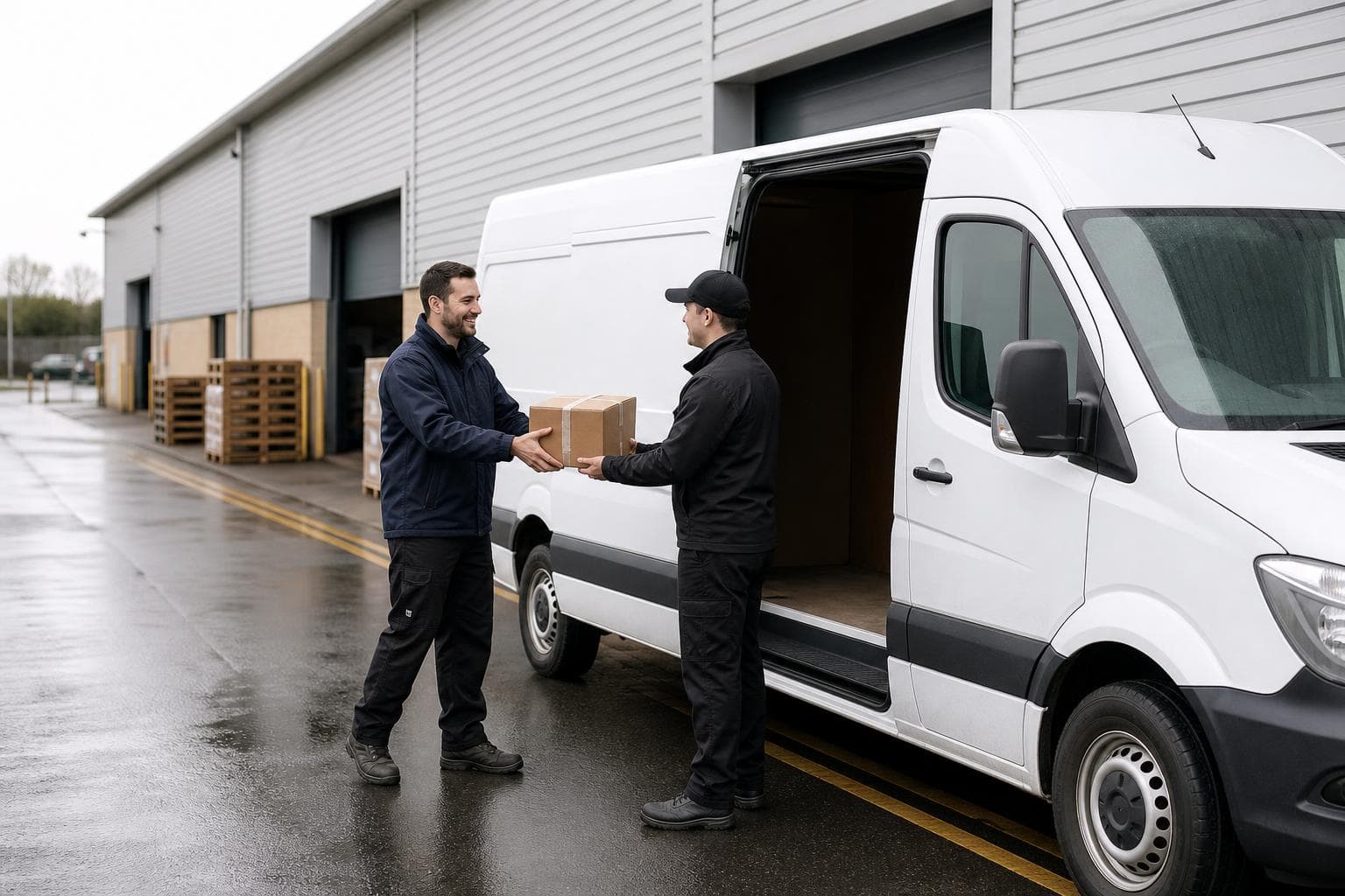 Courier receiving a parcel beside an unbranded van outside a warehouse unit in Barking