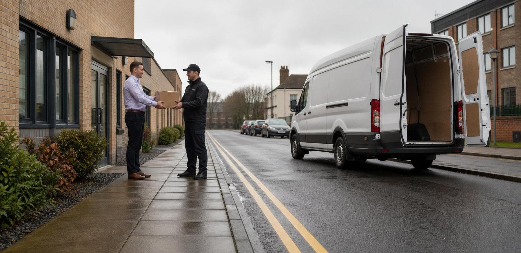 Courier collecting a parcel beside an unbranded van on a quiet wet commercial street in Romford