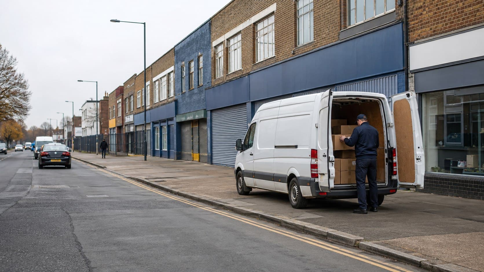 Unbranded courier collecting a prepared consignment in Chadwell Heath, shown in a busy district on the Havering and Redbridge side of the east London corridor.