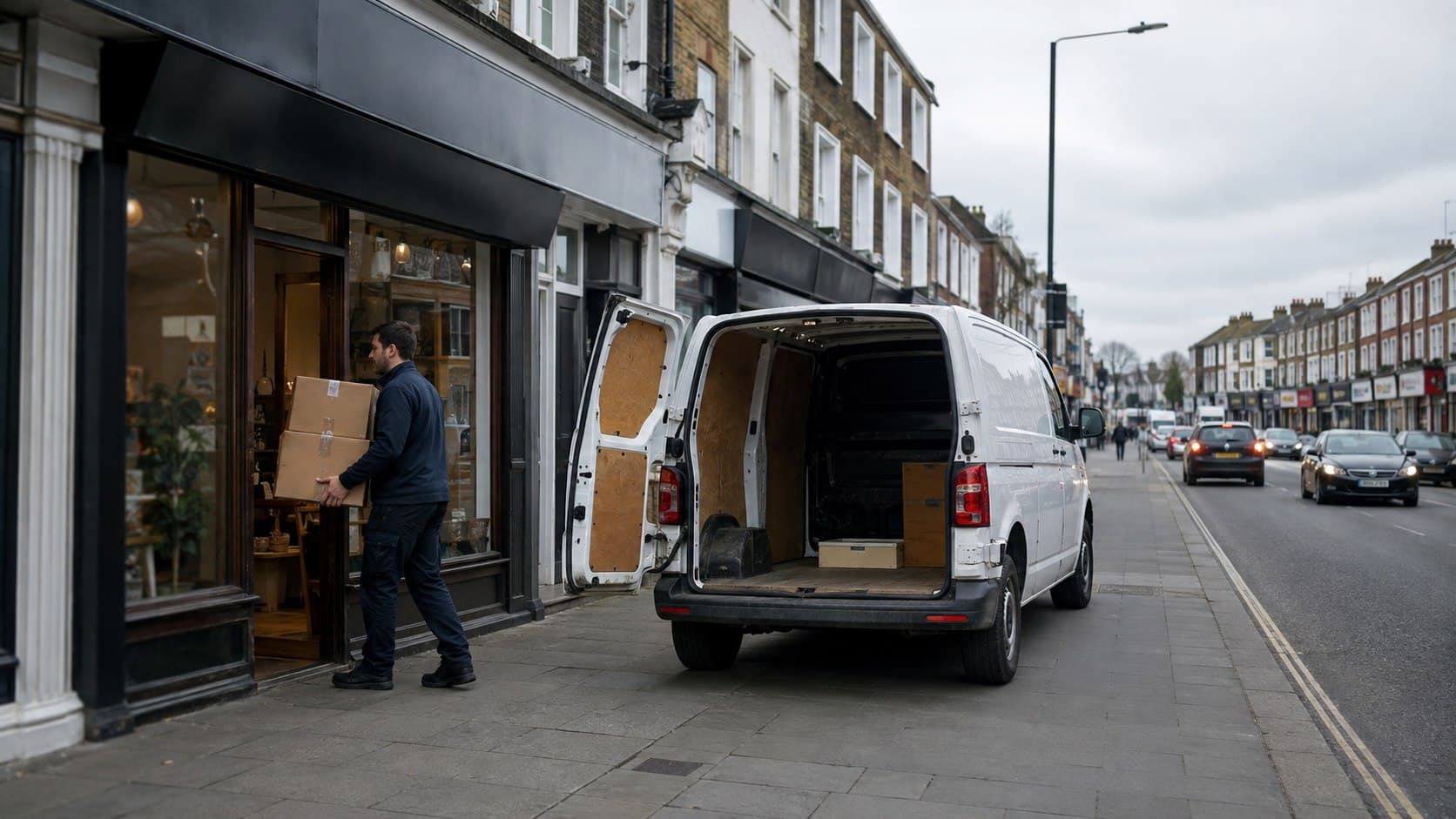Unbranded courier collecting a prepared consignment in Collier Row, shown in a north Romford neighbourhood centred on local shops, services and residential streets.