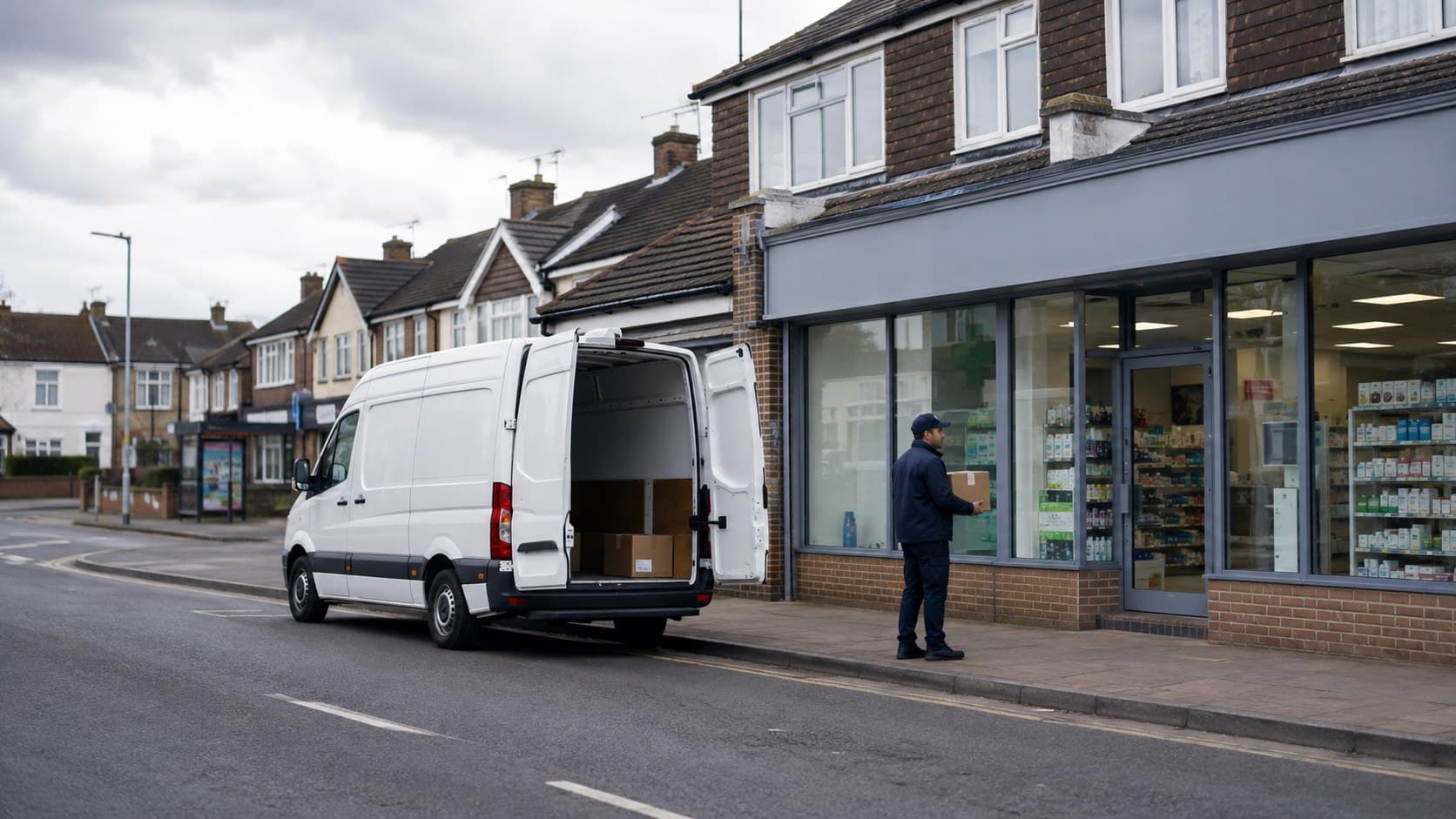 Unbranded courier collecting a prepared consignment in Cranham, shown in a residential district on Upminster's eastern side near the Greater London boundary.