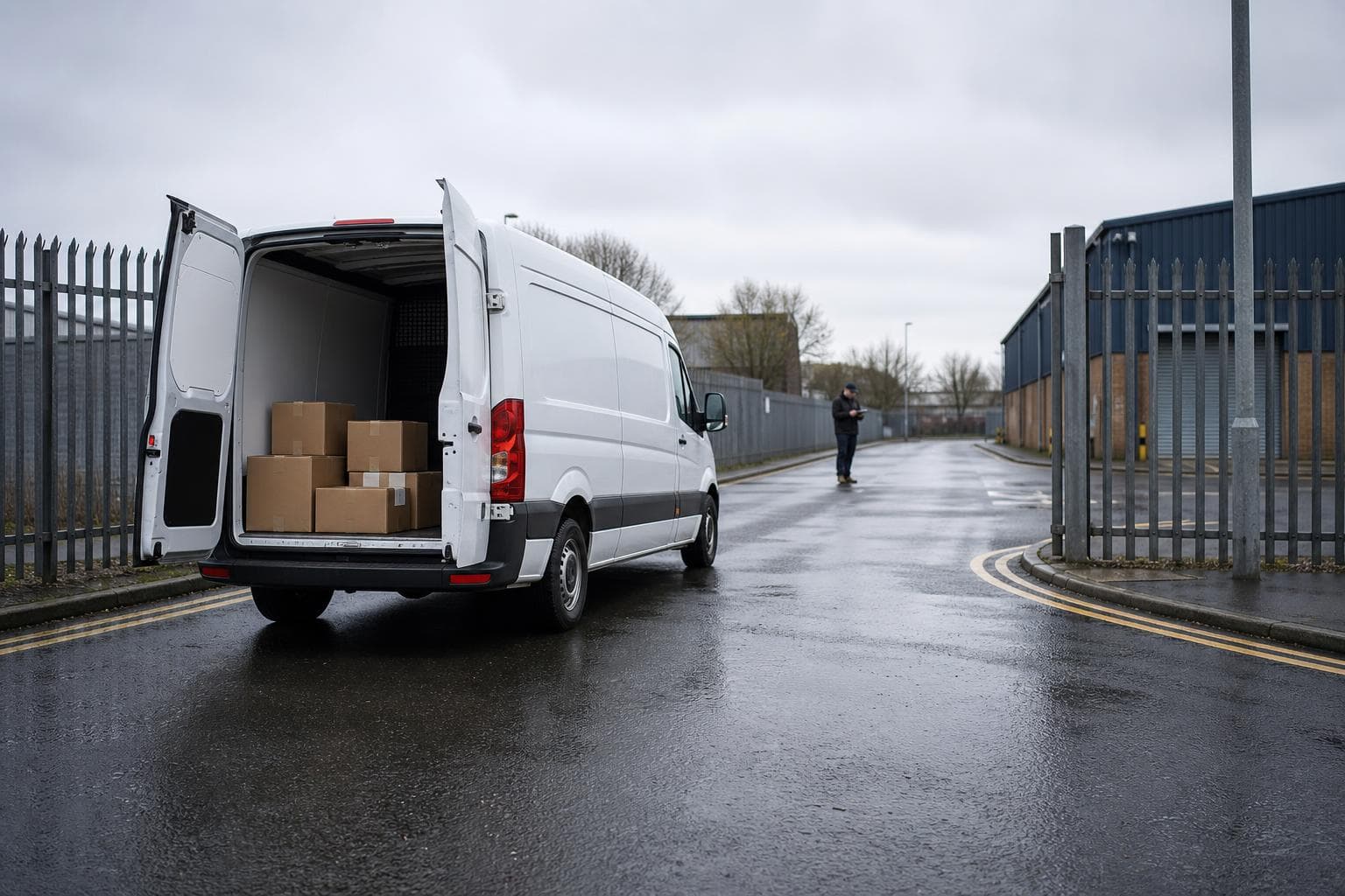 Unbranded courier van with neatly arranged parcels outside a depot yard on a wet road in Dagenham