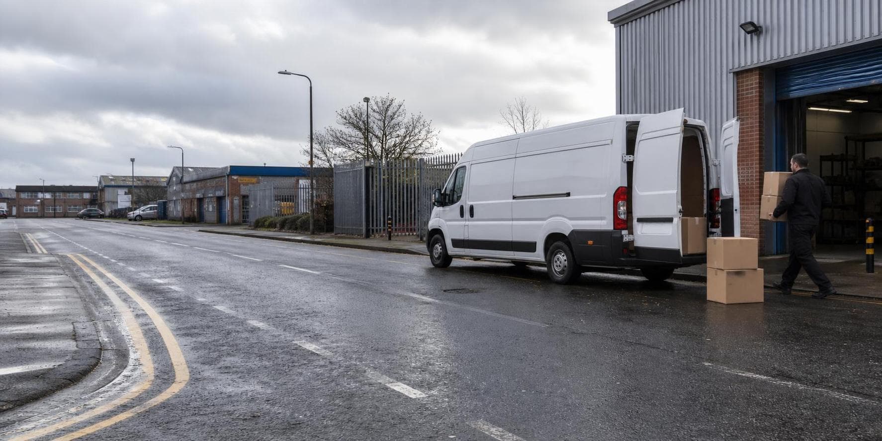 Courier carrying boxes from an unbranded van in a wet industrial trade area in Dagenham