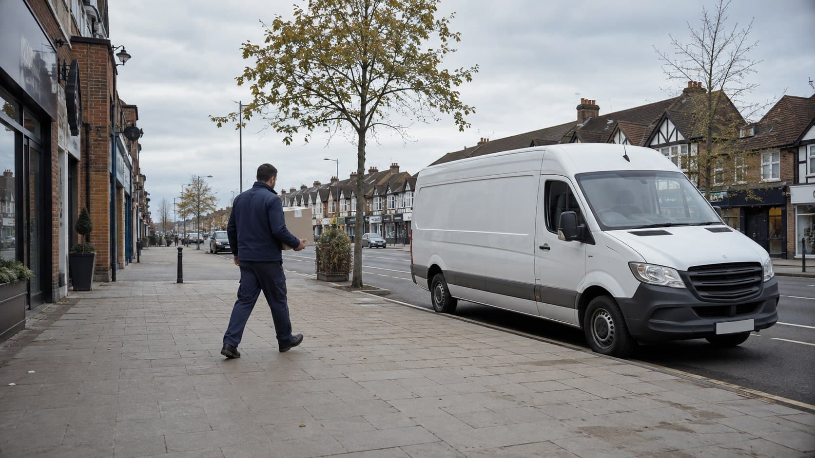 Unbranded courier collecting a prepared consignment in Elm Park, shown in a compact Havering neighbourhood of homes, schools and local commercial parades.