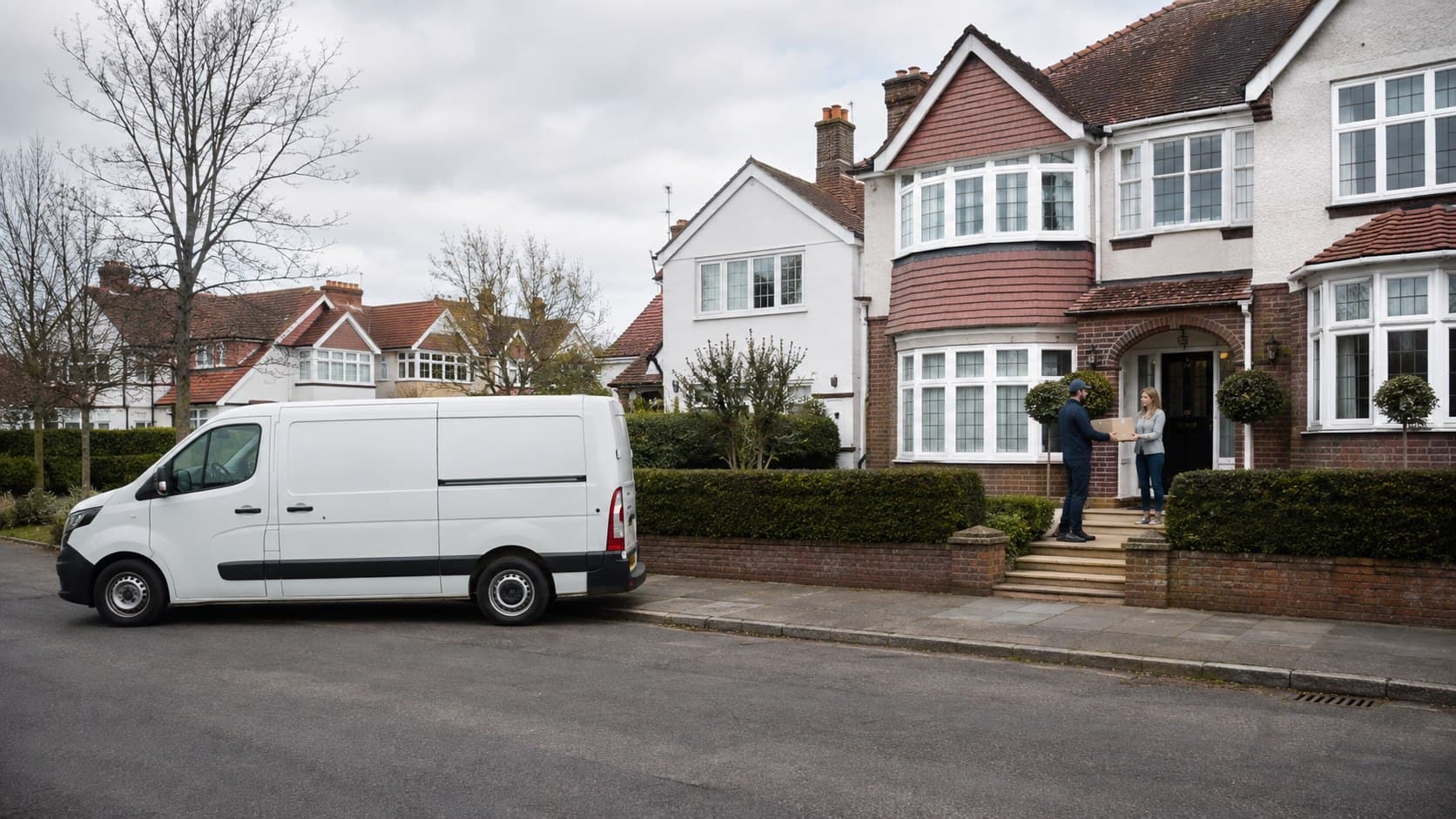 Unbranded courier collecting a prepared consignment in Emerson Park, shown in a mainly residential part of Hornchurch with local professional and household collections.
