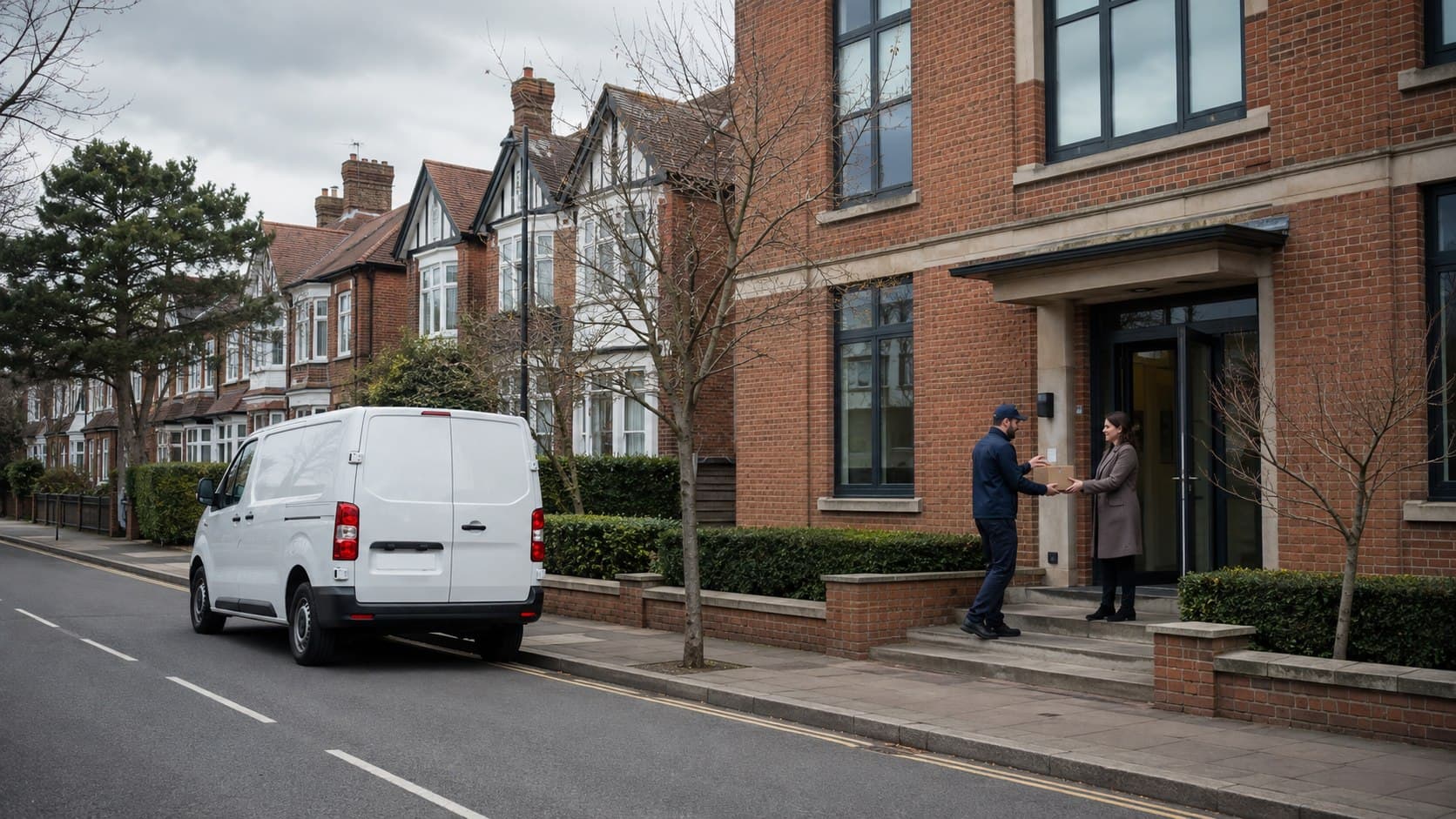 Unbranded courier collecting a prepared consignment in Gidea Park, shown in a residential and professional district between central Romford and Gallows Corner.
