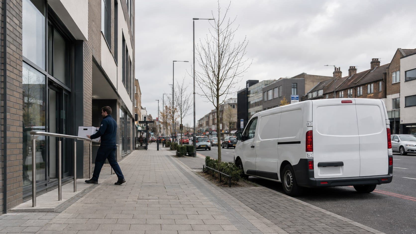 Unbranded courier collecting a prepared consignment in Goodmayes, shown in an east London district of busy residential roads, healthcare premises and local trading streets.