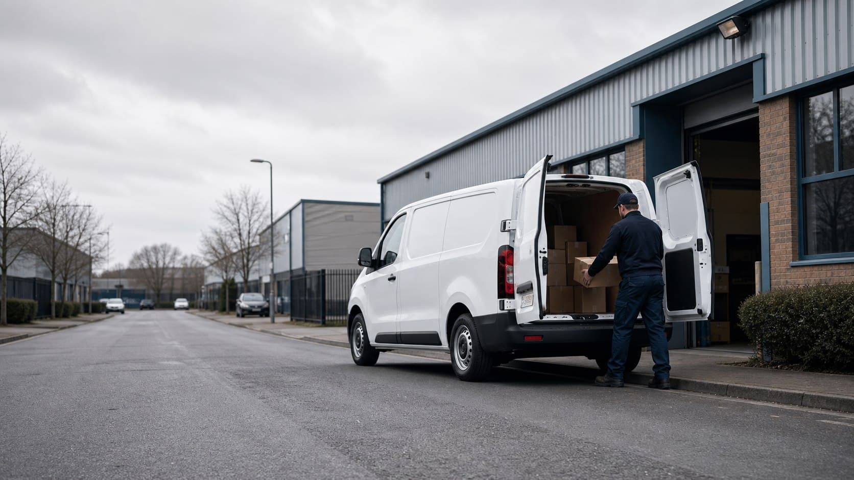 Unbranded courier collecting a prepared consignment in Hainault, shown in a north-east London district combining residential neighbourhoods with industrial estates.