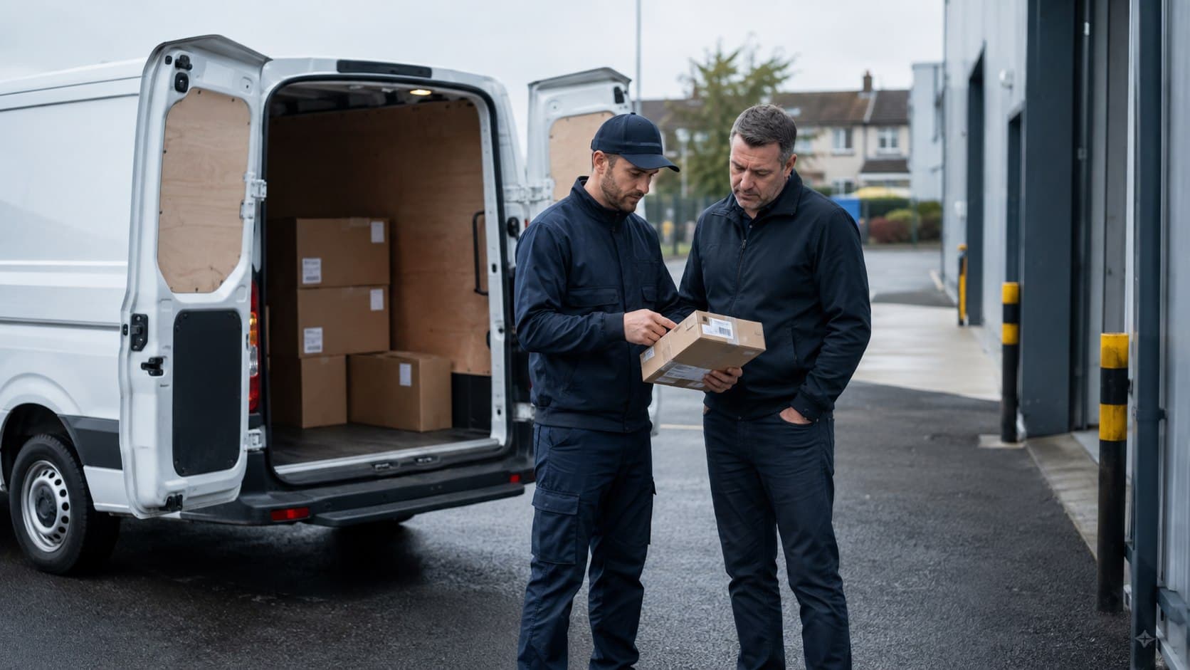 Unbranded courier vehicle prepared for a direct delivery from Hainault after collection from a manufacturing unit, trade supplier, office or home.