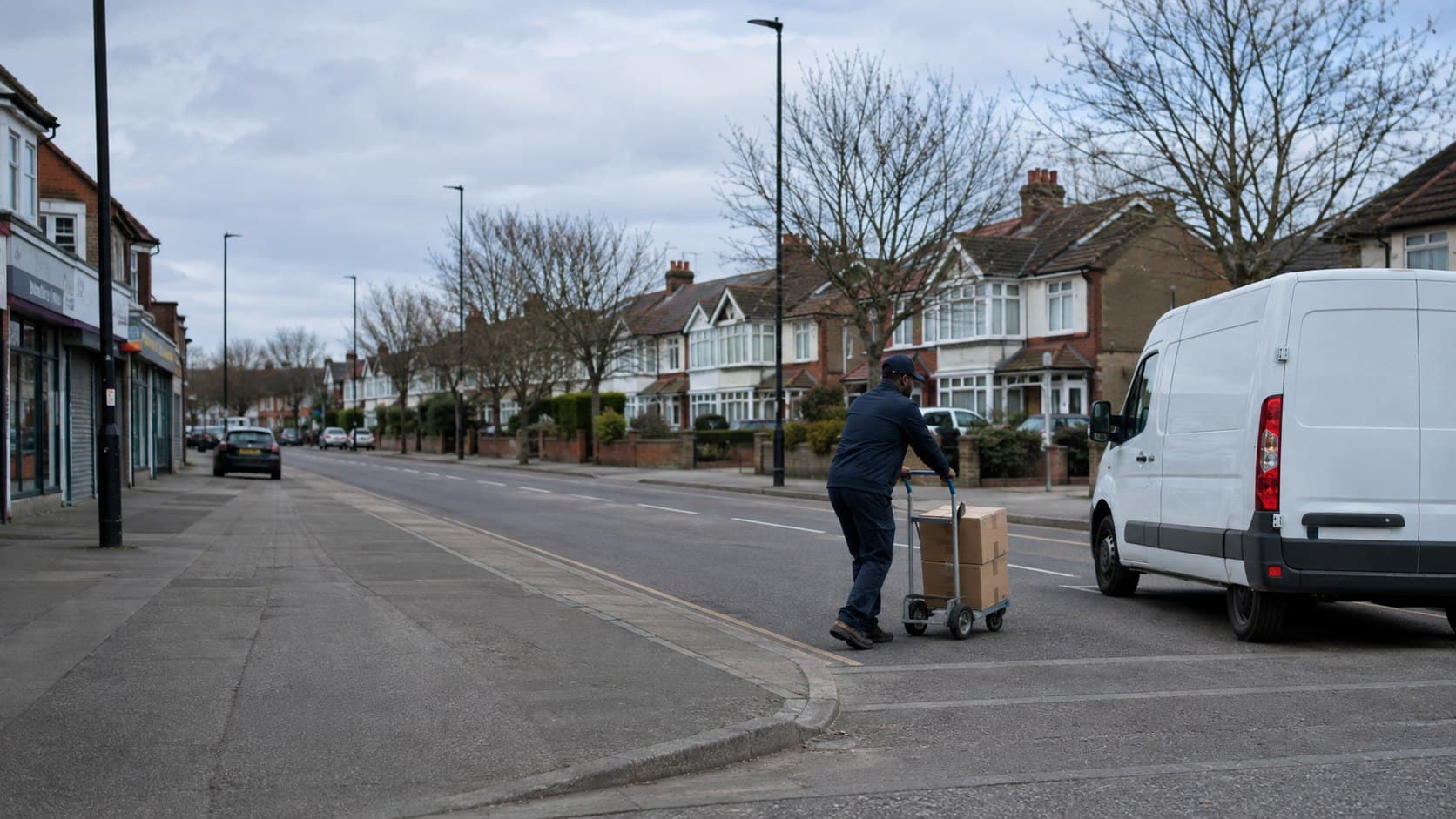 Unbranded courier collecting a prepared consignment in Harold Hill, shown in a large neighbourhood north-east of Romford with shopping, community and residential addresses.