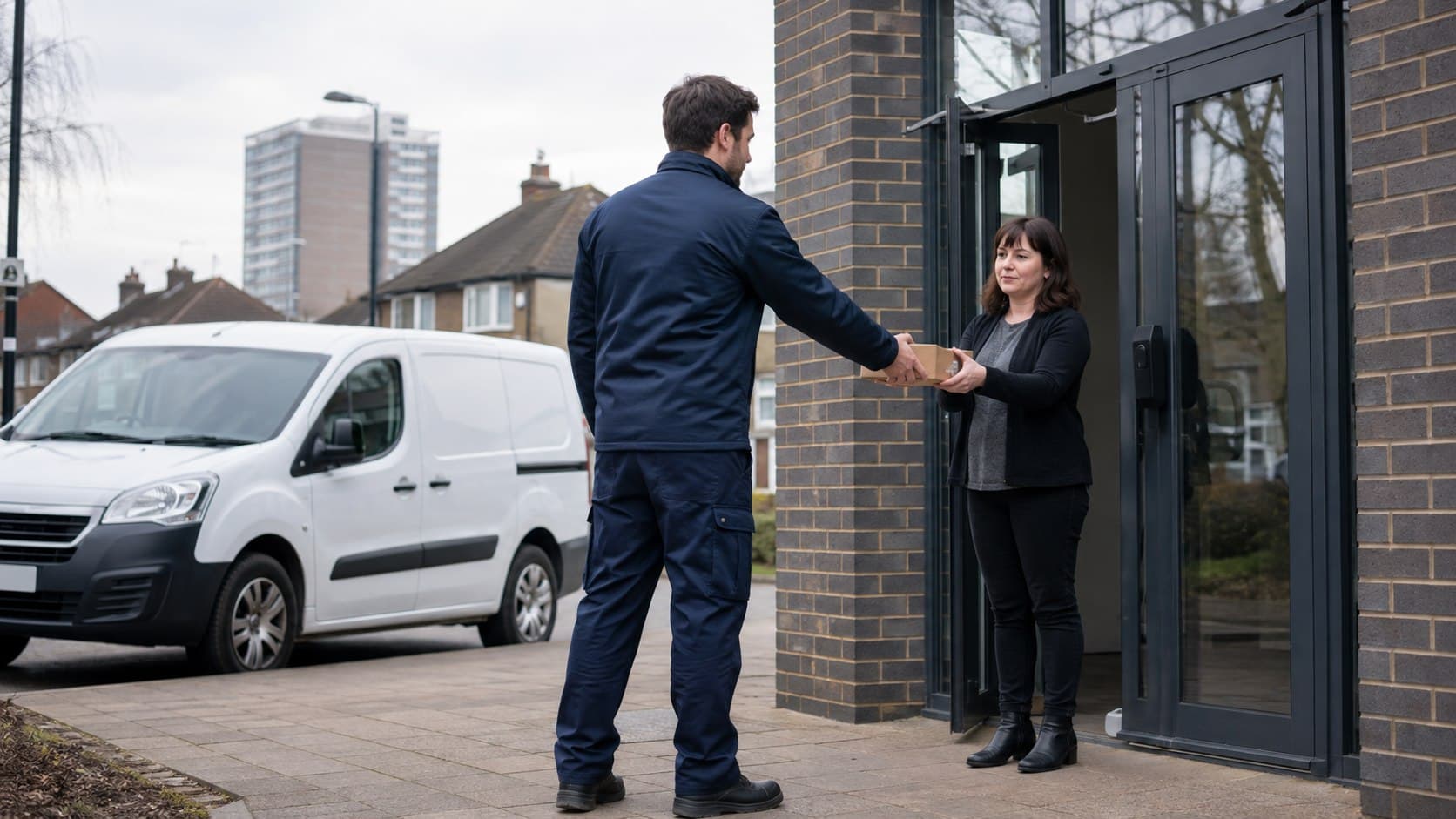 Unbranded courier vehicle prepared for a direct delivery from Harold Hill after collection from a high-street unit, community building, local business or house.