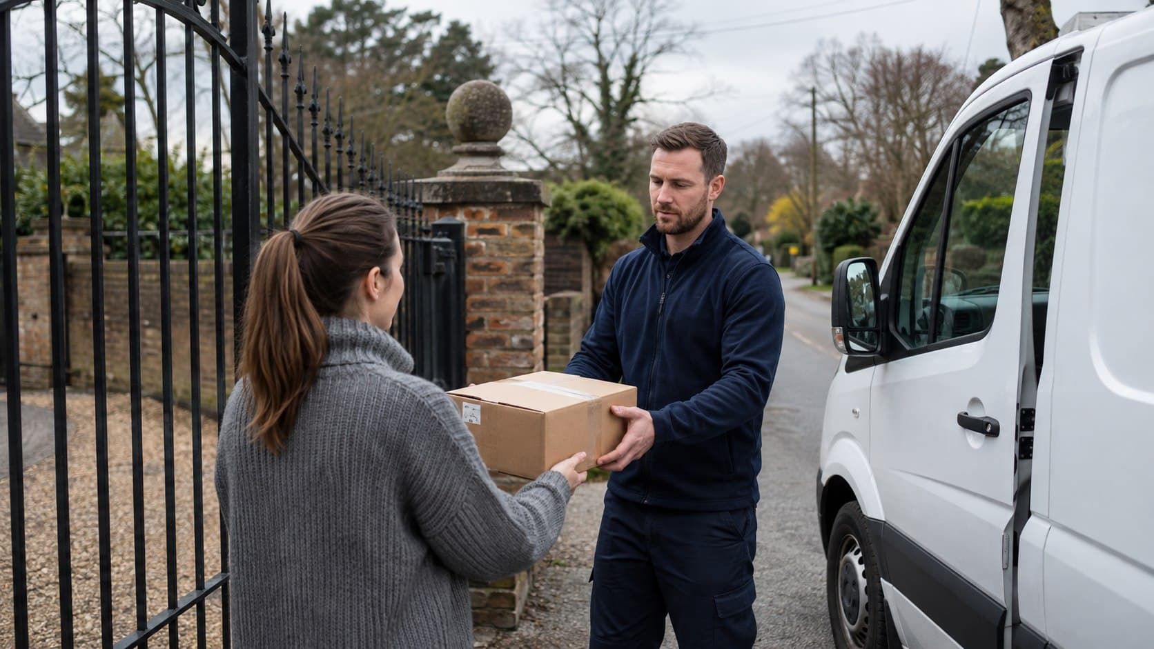 Unbranded courier vehicle prepared for a direct delivery from Havering-atte-Bower after collection from a country-edge business, estate, community venue or home.