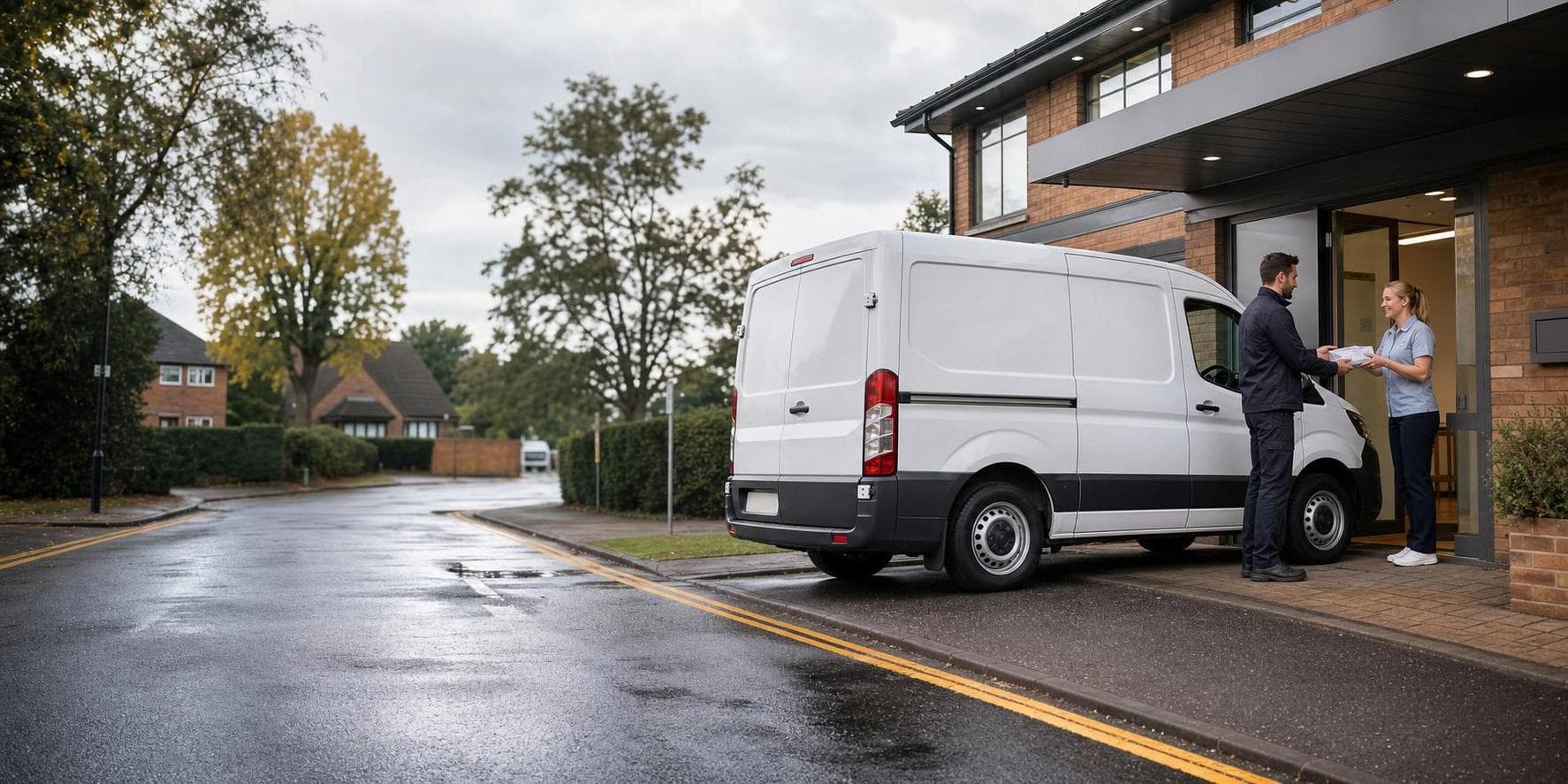 Courier collecting parcels beside an unbranded van outside a suburban office building in Hornchurch