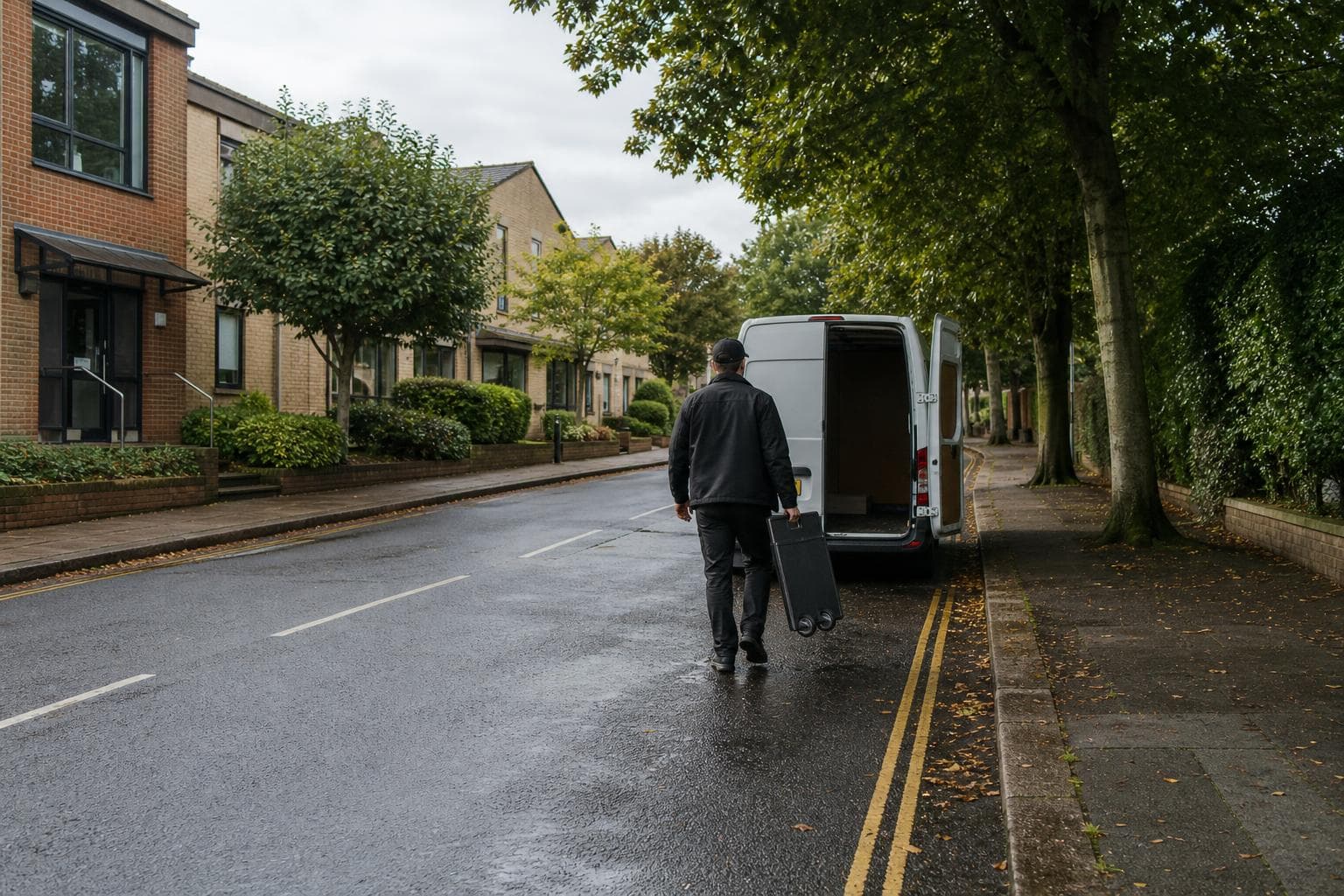Courier returning to an unbranded van on a wet tree-lined suburban street in Hornchurch