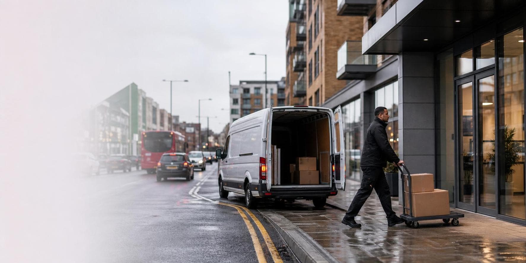 Courier with a parcel trolley beside an unbranded van on a wet urban street in Ilford