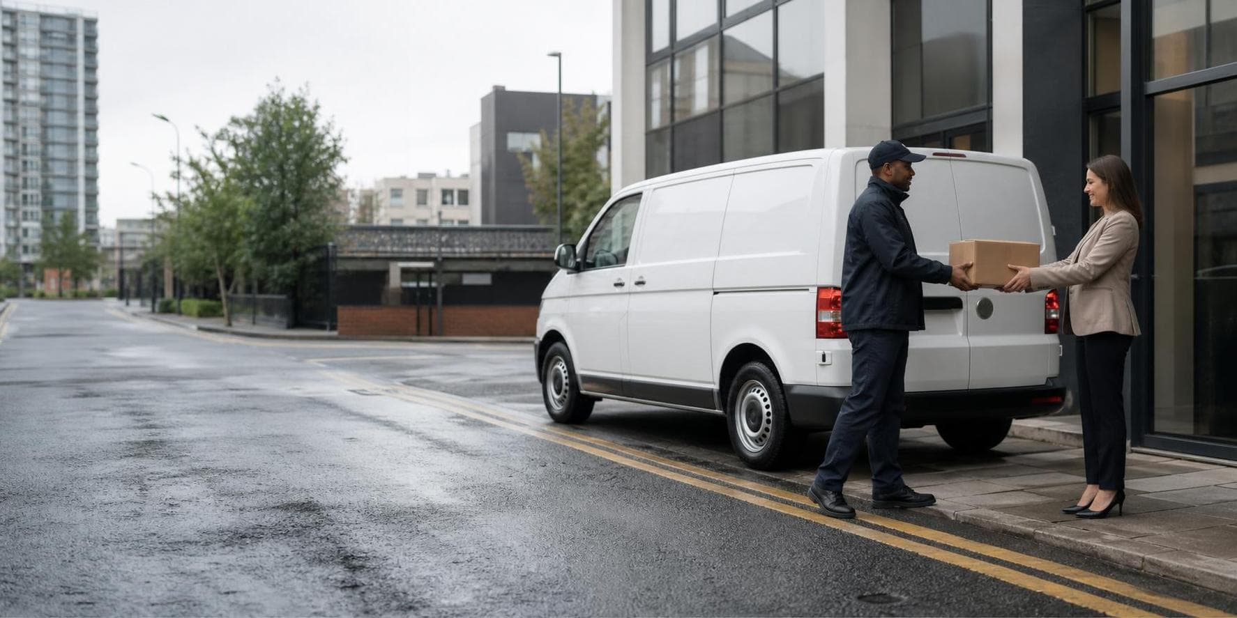 Courier handing a parcel to an office worker beside an unbranded van outside a modern building in Ilford