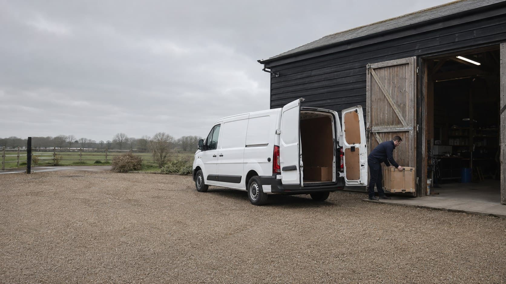Unbranded courier collecting a prepared consignment in Noak Hill, shown in a semi-rural northern Havering area of scattered homes, farms and small enterprises.