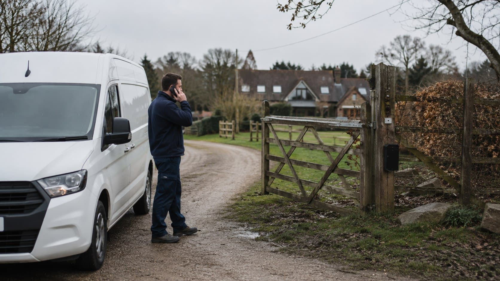 Unbranded courier vehicle prepared for a direct delivery from Noak Hill after collection from a rural workshop, supplier, residence or yard.
