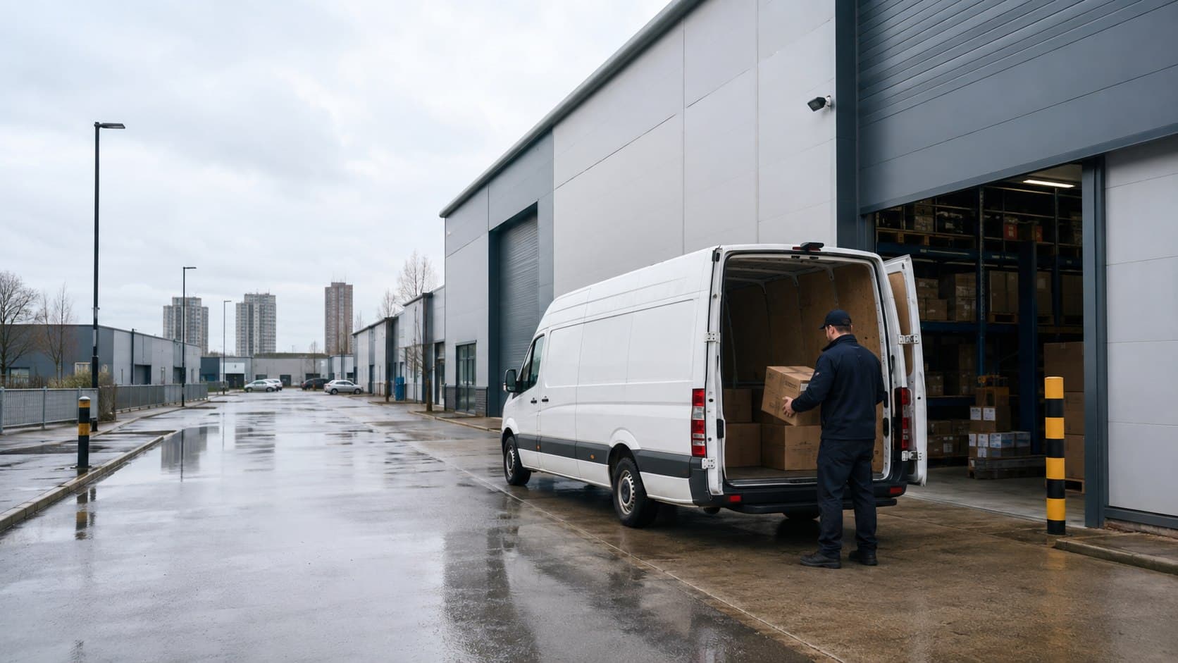Unbranded courier collecting a prepared consignment in Rainham, shown in southern Havering, where residential streets meet industrial and riverside employment areas.