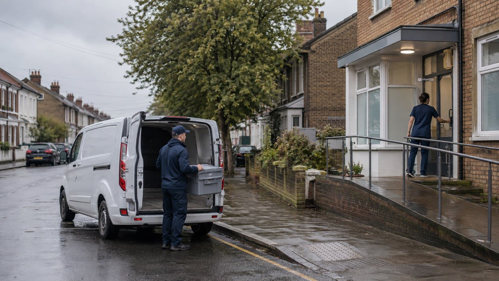 Unbranded courier collecting a prepared consignment in Rush Green, shown in a mixed residential area positioned between Romford and Dagenham.