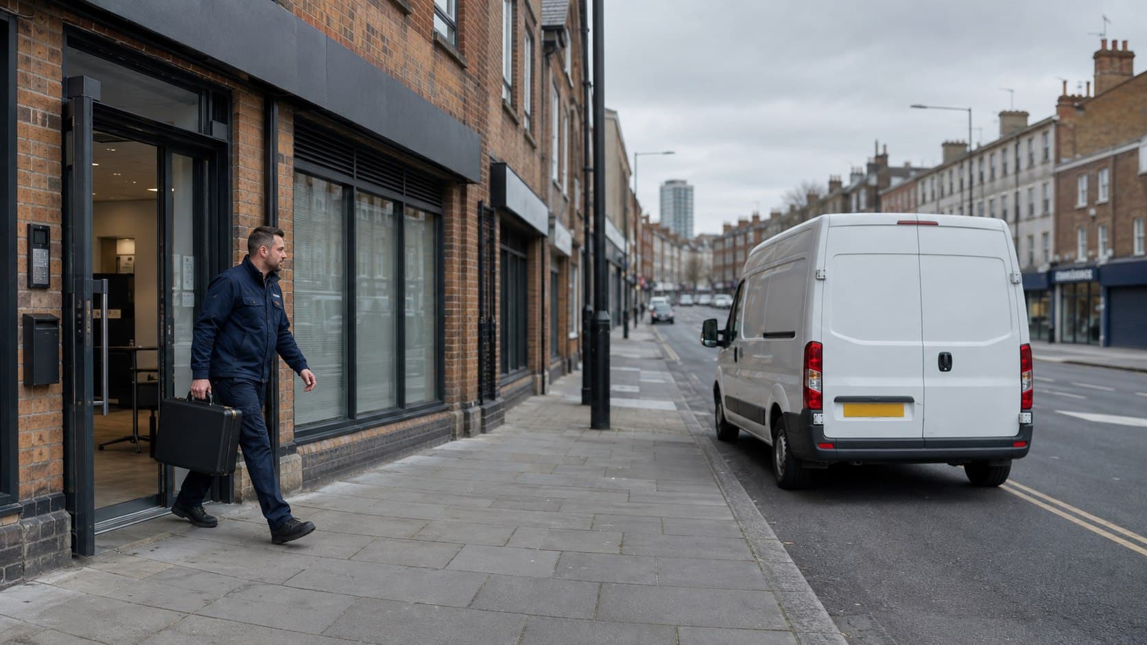Unbranded courier collecting a prepared consignment in Seven Kings, shown in a dense Redbridge neighbourhood between Ilford and Chadwell Heath.