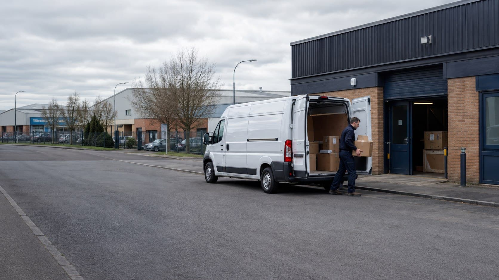 Unbranded courier collecting a prepared consignment in South Hornchurch, shown in a southern Havering district close to Rainham, Elm Park and employment areas.