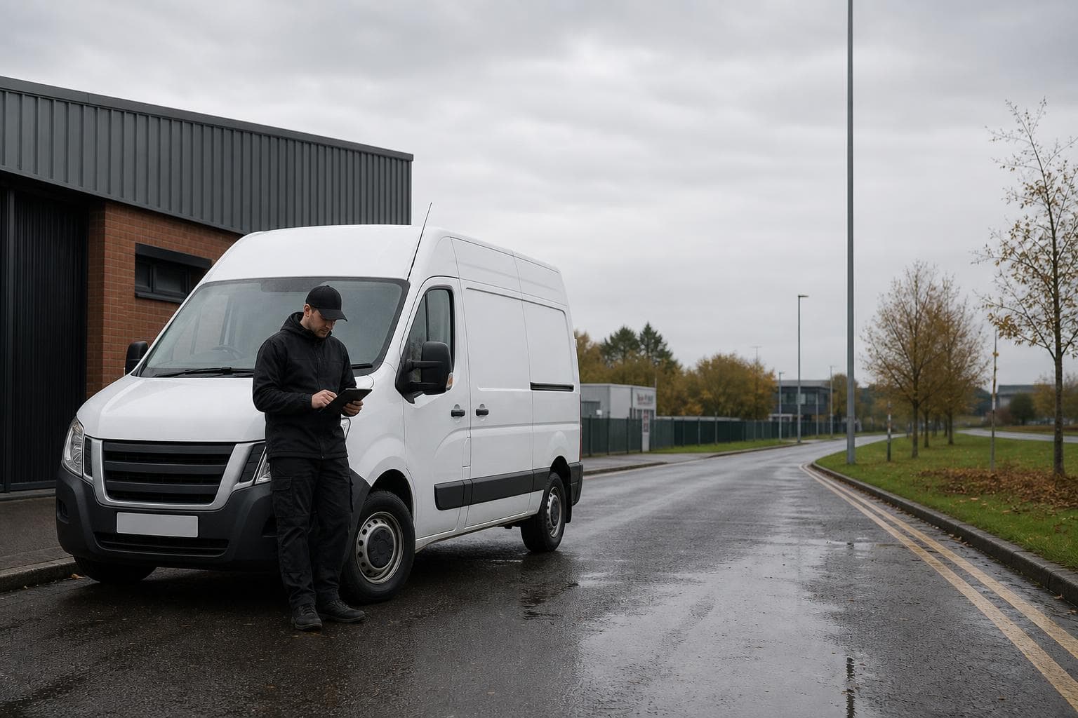 Courier checking route details beside an unbranded van on a wet roadside near a business unit in Upminster