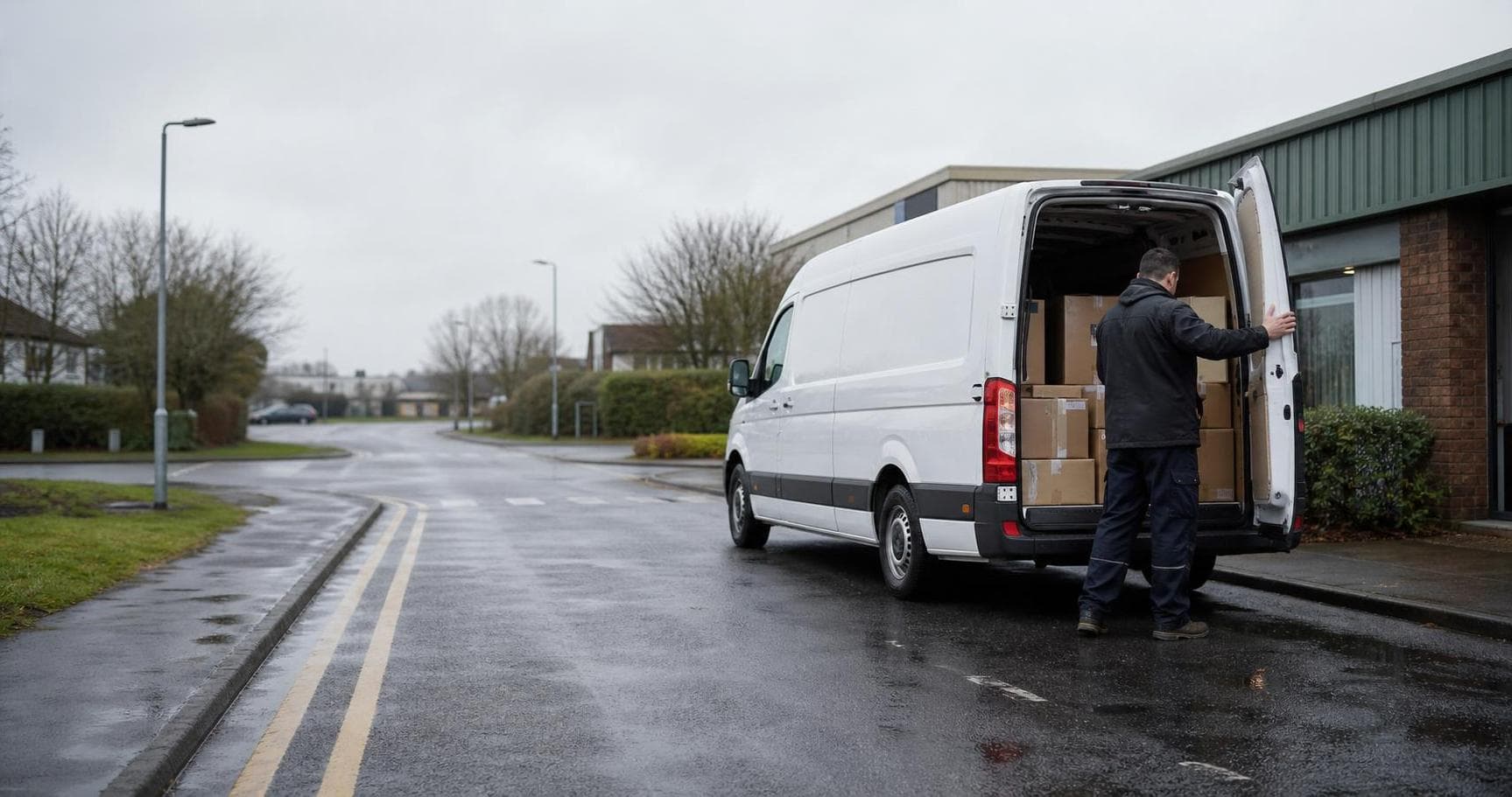 Courier securing parcels in an unbranded van on a wet open roadside business area in Upminster