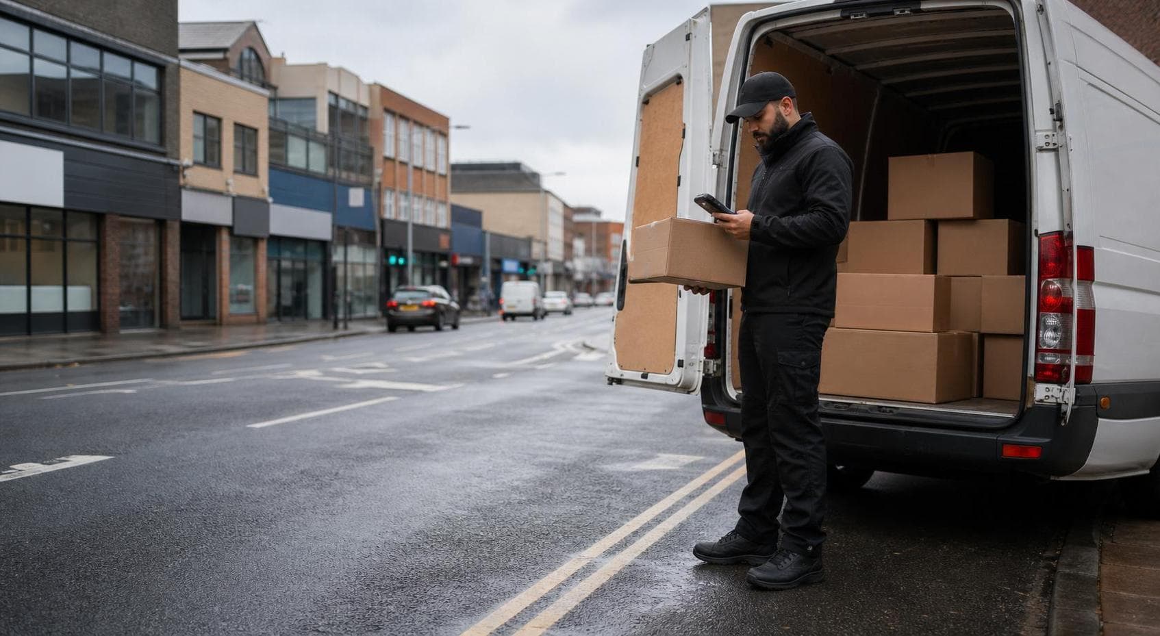 Courier loading parcels into an unbranded white van on a wet British street near a business area in Romford