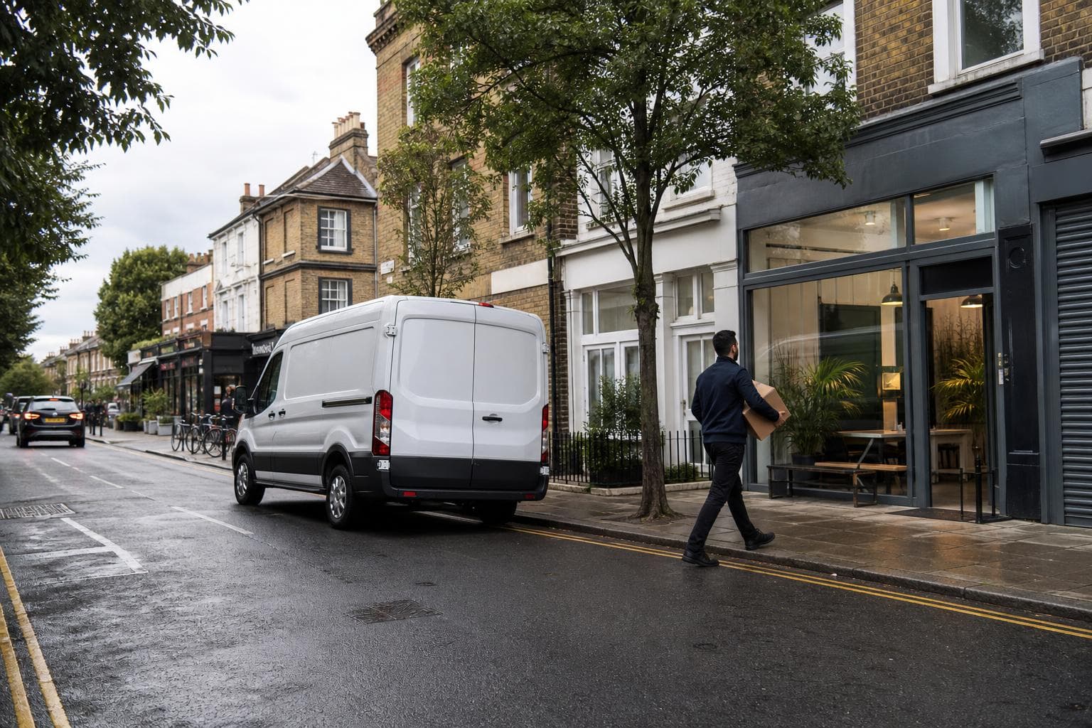 Courier delivering a parcel from an unbranded van on a wet mixed residential and business street in Walthamstow