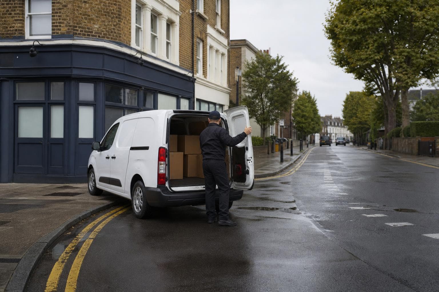 Unbranded courier van parked on a wet side street with a courier closing the rear door in Walthamstow